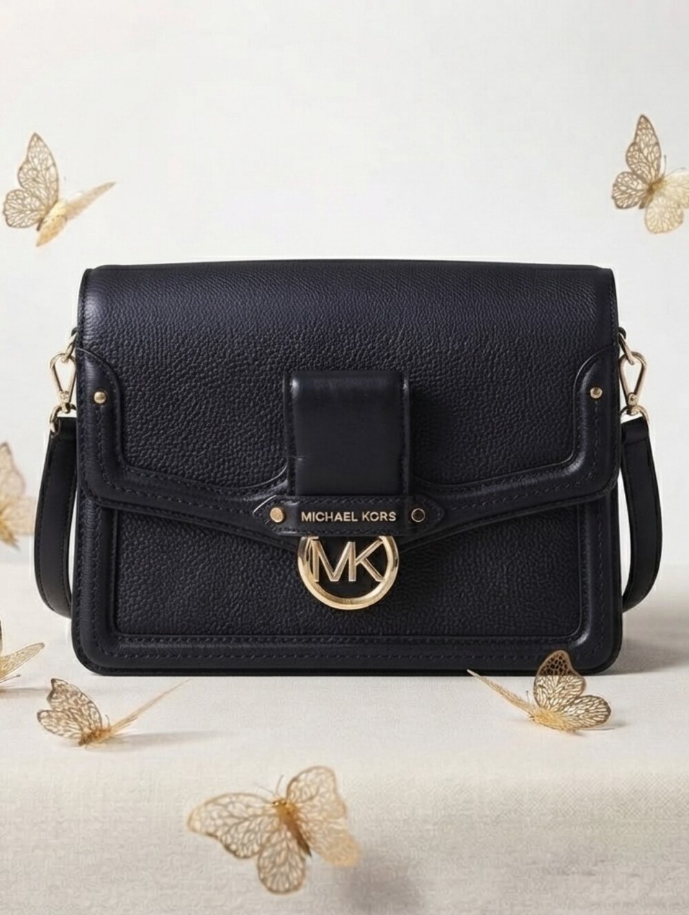 Michael Kors Black Pebbled Leather Crossbody with Gold MK Accent New & Authentic